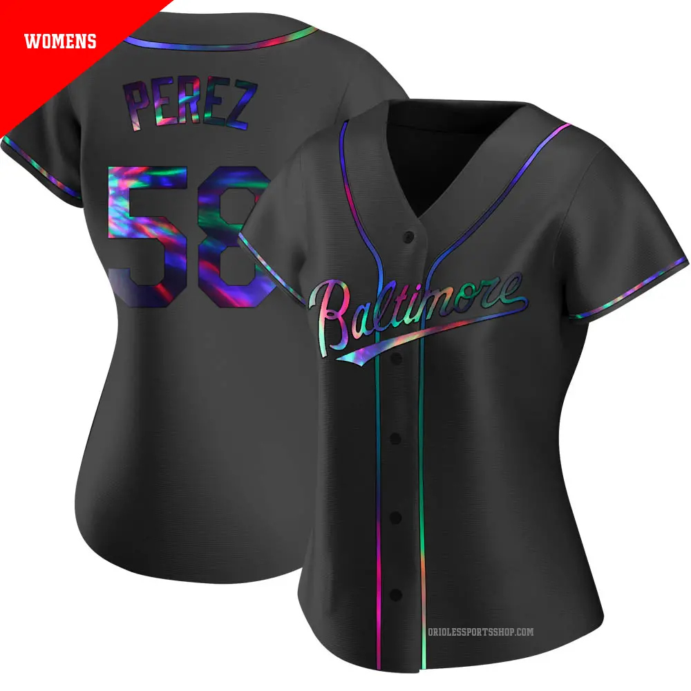 Women's ＃58 Cionel Perez Baltimore Orioles Black Replica Holographic Alternate Jersey