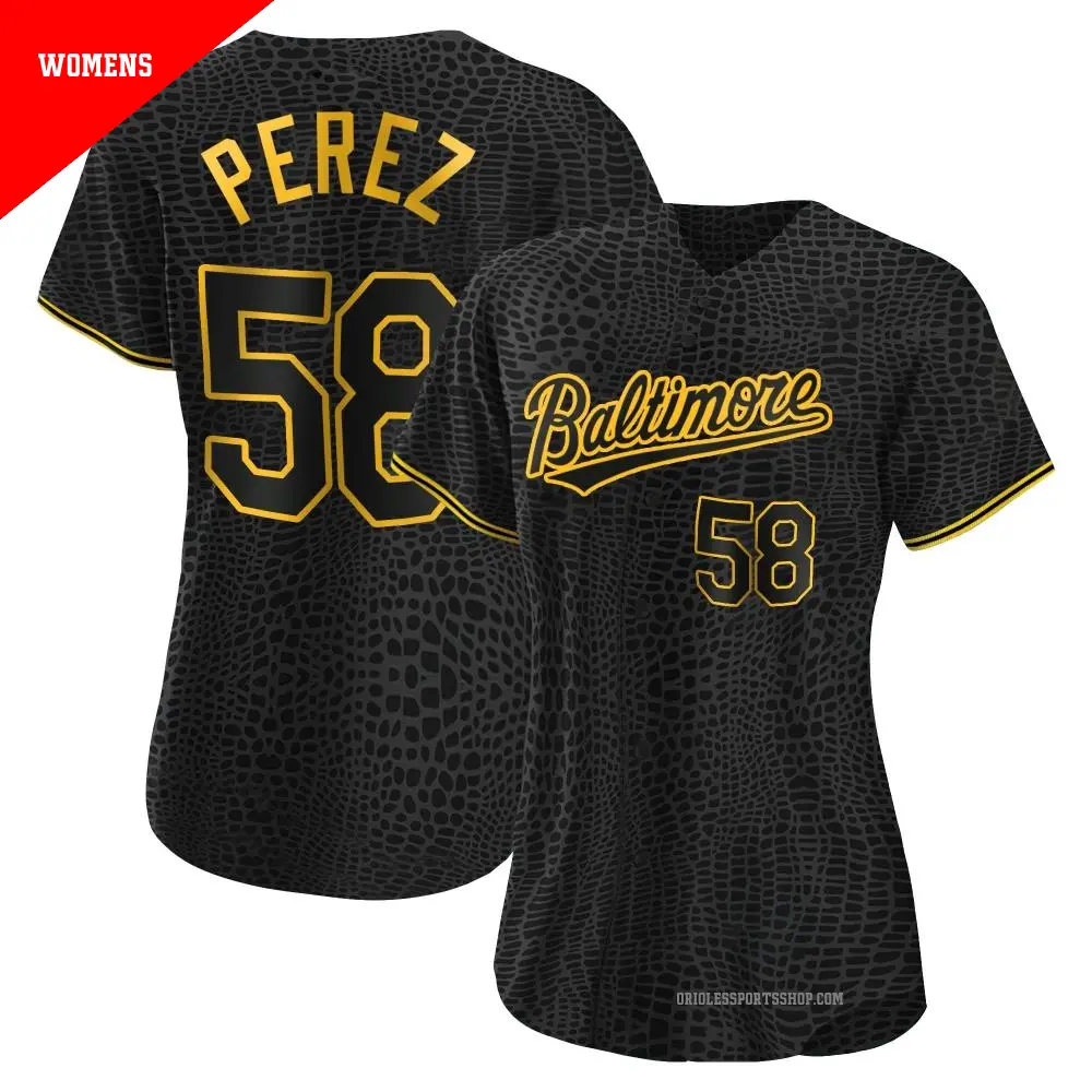 Women's ＃58 Cionel Perez Baltimore Orioles Black Replica Snake Skin City Jersey