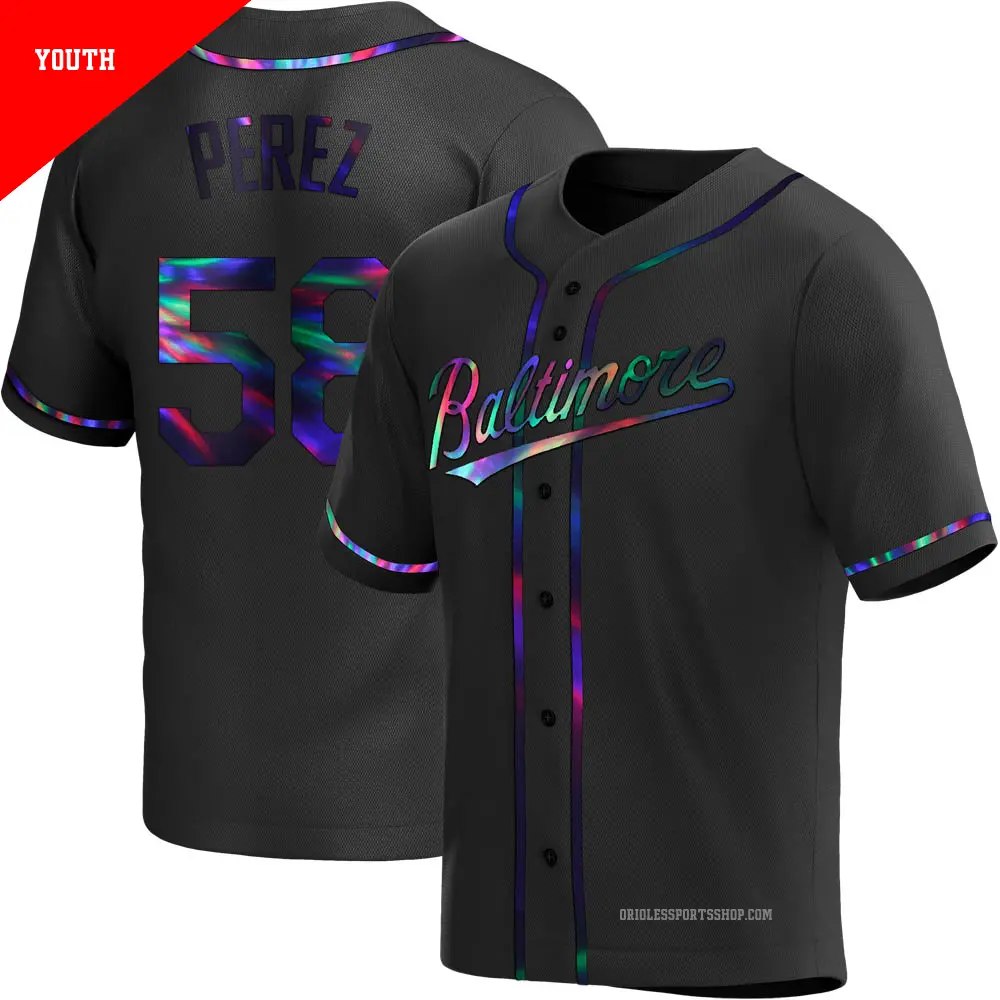 Youth ＃58 Cionel Perez Baltimore Orioles Black Replica Holographic Alternate Jersey