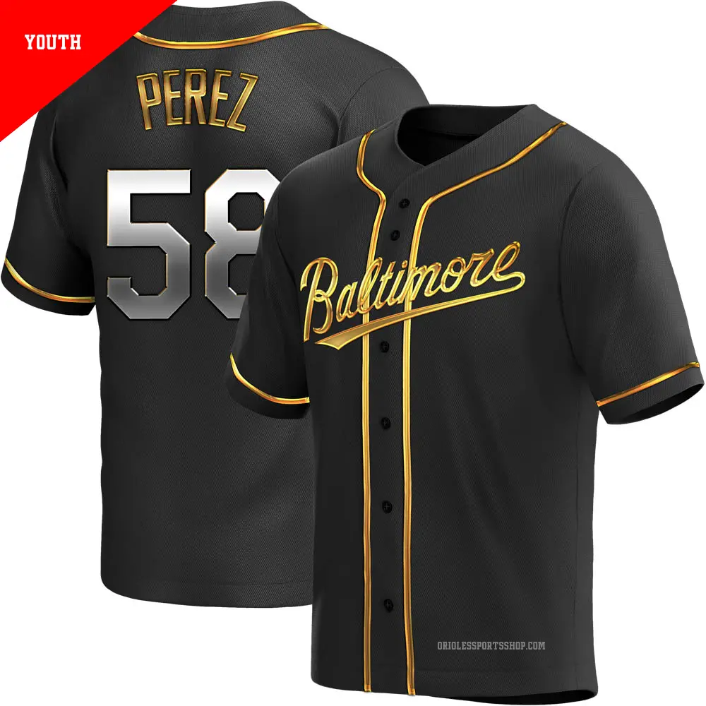 Youth ＃58 Cionel Perez Baltimore Orioles Gold Replica Black en Alternate Jersey